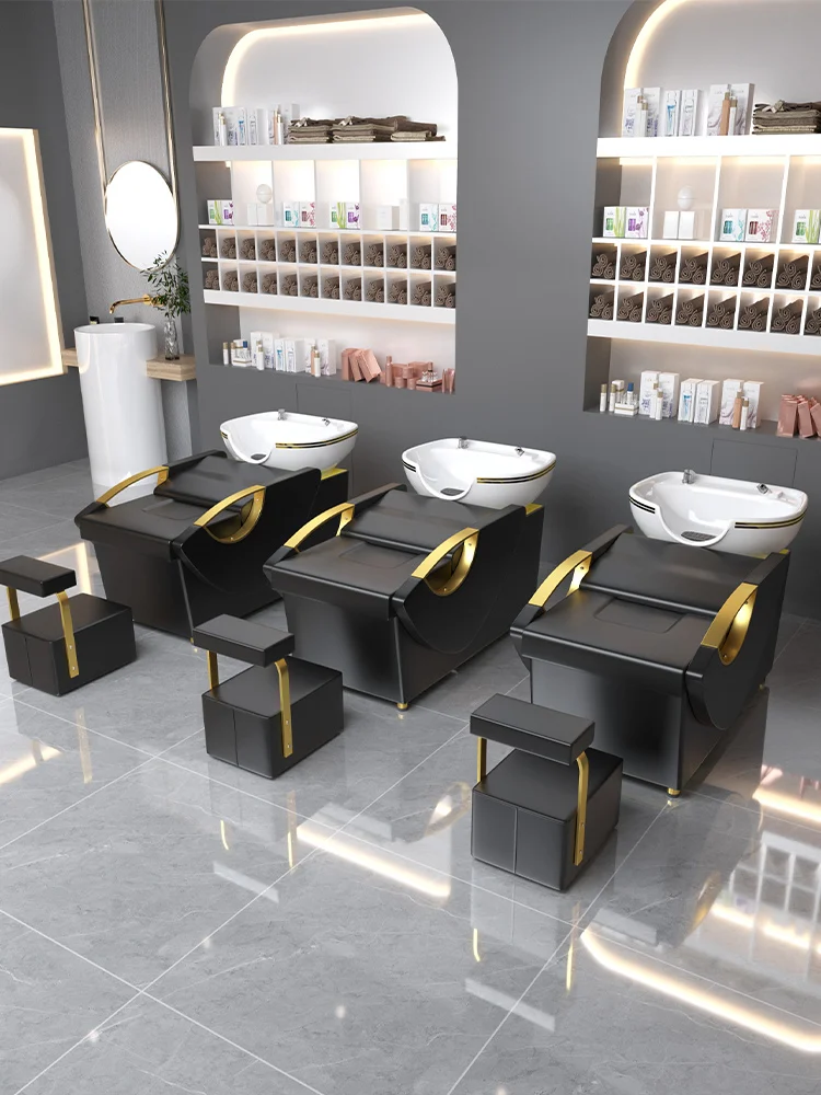 Golden high-end stainless steel ceramic basin for semi-lying shampoo bed in hair salon and hair salon.