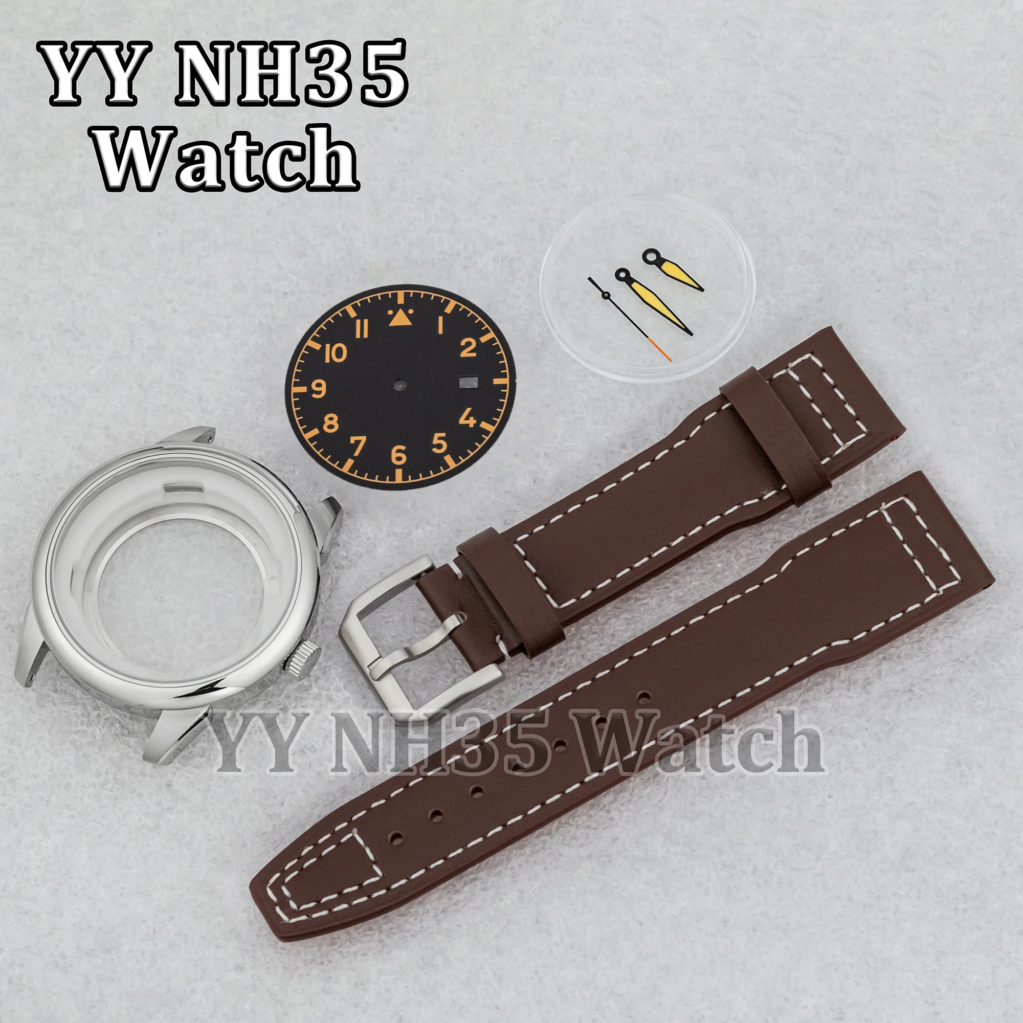 NH35 Case Leather Strap for Mark XX Watch Mod Parts 42.7mm Watch Case 21mm Watchband fit NH35 Automatic Movement Watch Bracelet