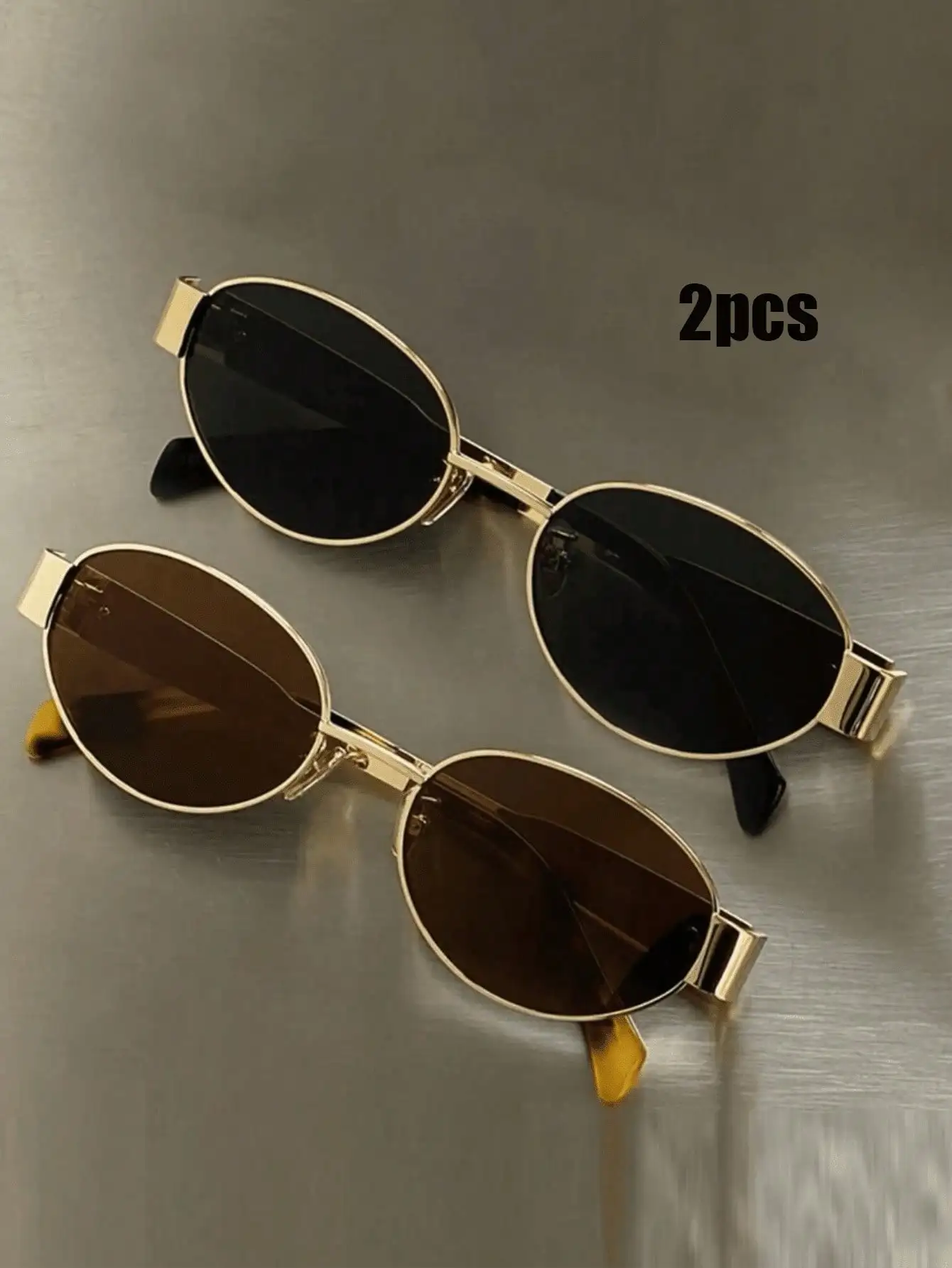 

2 Pairs Vintage Metal Oval Frame Sunglasses - Black & Brown Lenses