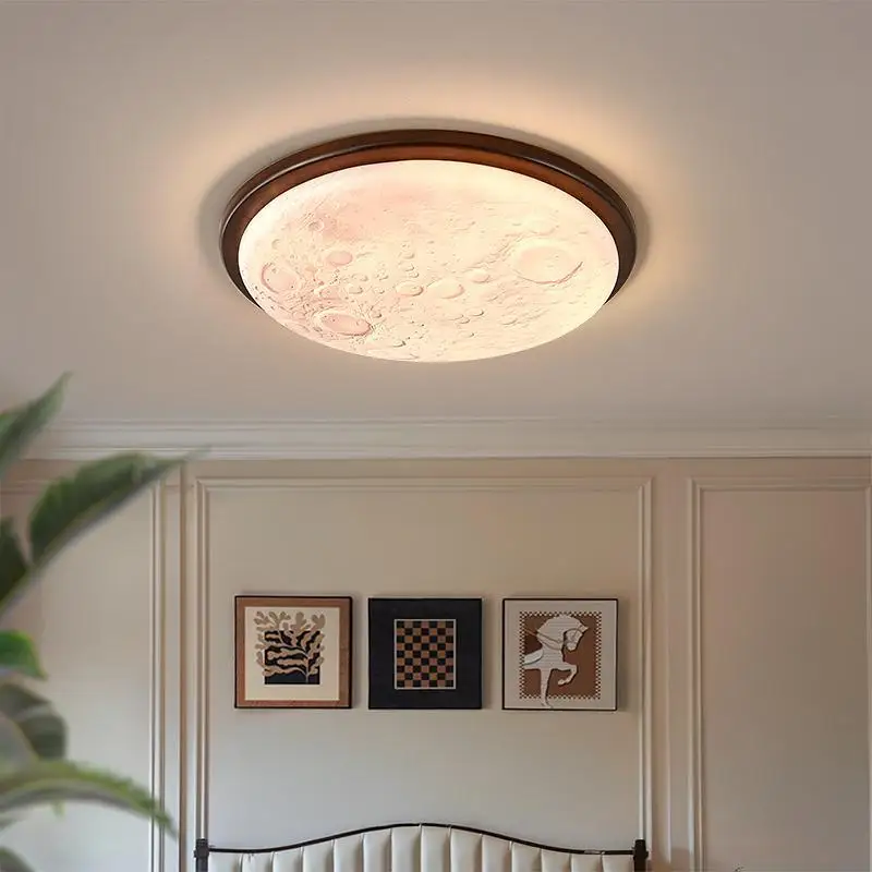 SANDYHA Japanese Ceiling Light Solid Wood Circular Moon Lampshade Design LED Lamp Bedroom Decoration Living Room Study Lighting