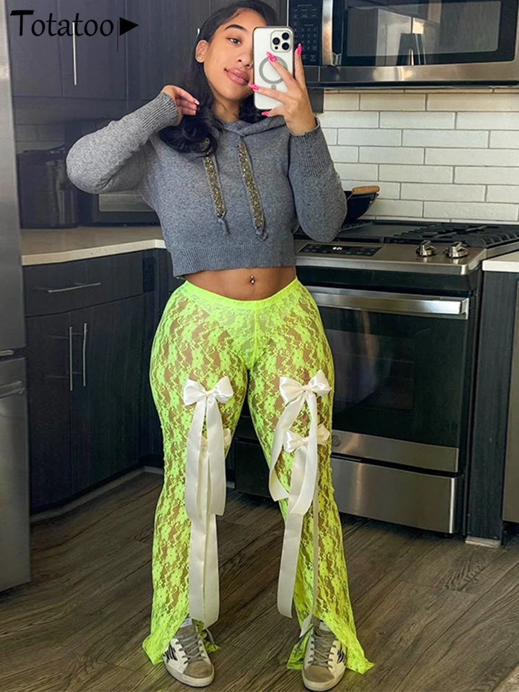 Totatoop Bow Tie Sexy Transparent Lace Pants For Women 2024 High Waist Neon Green Full Trousers Night Club Party Pants