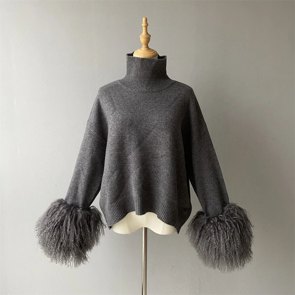 

Jaxmonoy Women's 100% Wool Sweater Fall New Arrival Real Mongolian Sheep Fur Cuffs Kintted Tops Turtlereck Pullover Fashion Warm