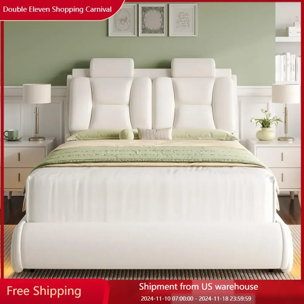 Full Upholstered Led Bed Frame with Wheels Decor & Adjustable Curved Headboard Modern Car-Shaped Platform Bed Bed Bases & Frames