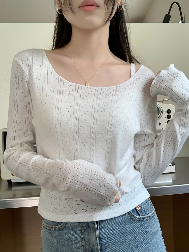 5colors 2024 Spring korean style women slim knitted tops Floral KnittedCrop Long Sleeve t-shirts Womens Tees shirt femme (X3202)