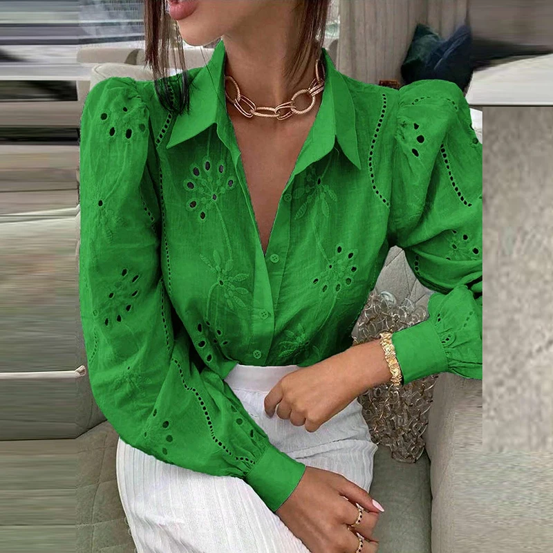 Blusa elegante de manga comprida para mulheres, gola virada para baixo, botão bordado em renda, camisa da moda branca, verde, rosa, preta