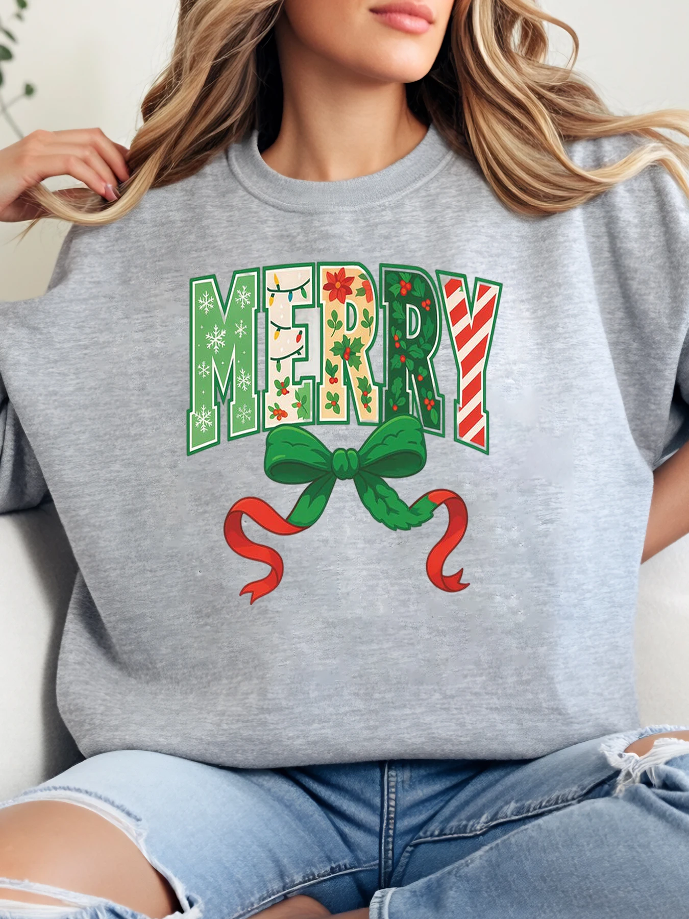 

Толстовка с круглым вырезом и принтом с Рождеством, женская праздничная вечеринка, повседневная одежда, серая, больших размеров