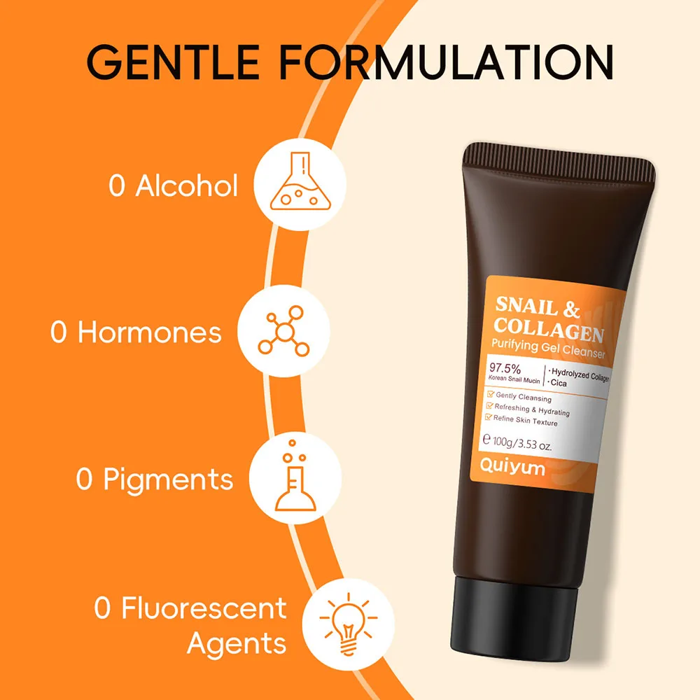 

Очищающий гель QUIYUM с коллагеном улитки, 97,5% муцина улитки и аминокислот, для чувствительной кожи, нежное средство для очищения пор