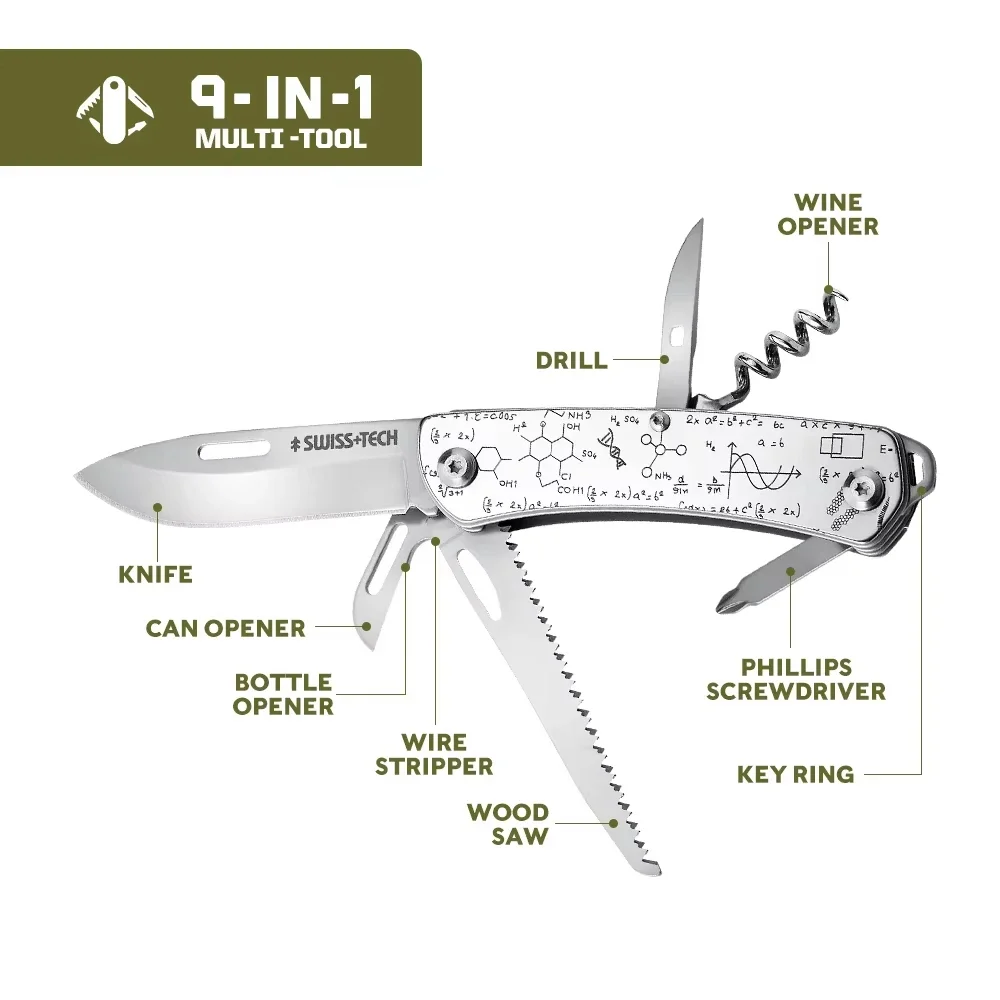 SWISS TECH 9 In 1 Pocket Folding Knife Multifunctional Tool Portable EDC Hand Tools Wine Operner Outdoor Hiking Camping Supplies