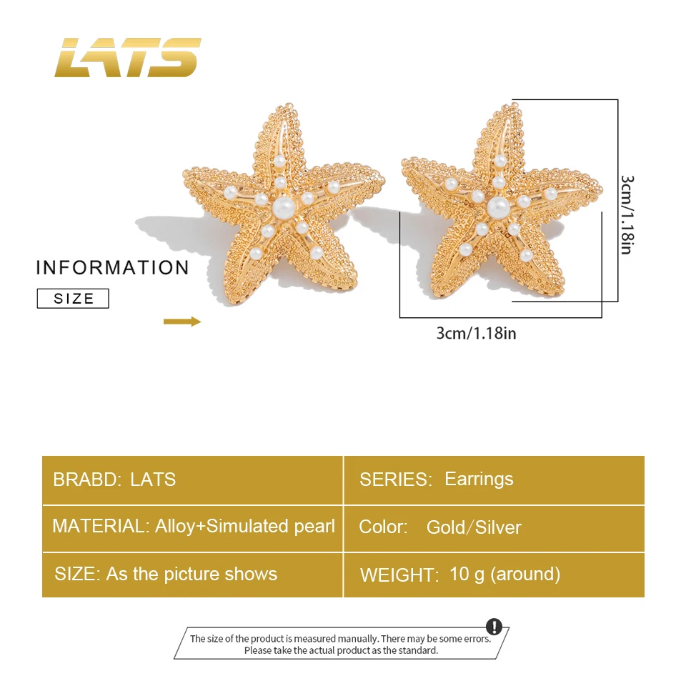 LATS Trendy Gold Color Simulated Starfish Stud Earrings for Women Exquisite Small Star Pearl Earring Summer Beach Daily Jewelry image 6