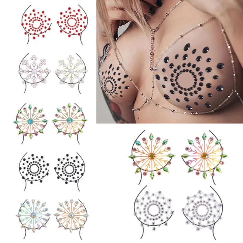 

New Acrylic Resin Rhinestone Breast Sticker Sexy Night Party Adhesive Breast Cover Decals Chest Tattoo Sticker Decorations