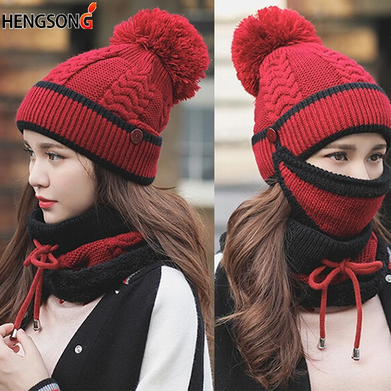 Autumn Winter Caps Women's Knit Hat Warm Scarf Windproof Multi Functional Thermal Hat Scarf Set For Women Hikking Caps