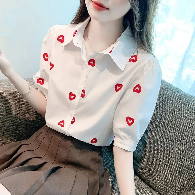 French Style Korean Commuter 2024 Summer New Blouses Women\'s Loose Patchwork Printed Button Polo Collar Short Sleeve Shirt Tops