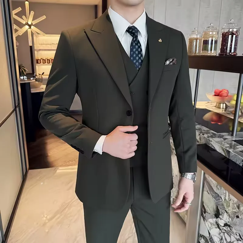 Setelan Jas Tiga Potong Slim-Fit Terbaru 2025 Gaya Korea untuk Pengiring Pria, Pernikahan Formal, Bisnis, Tampan, Pengantin Pria Terbaik, Berkualitas Tinggi