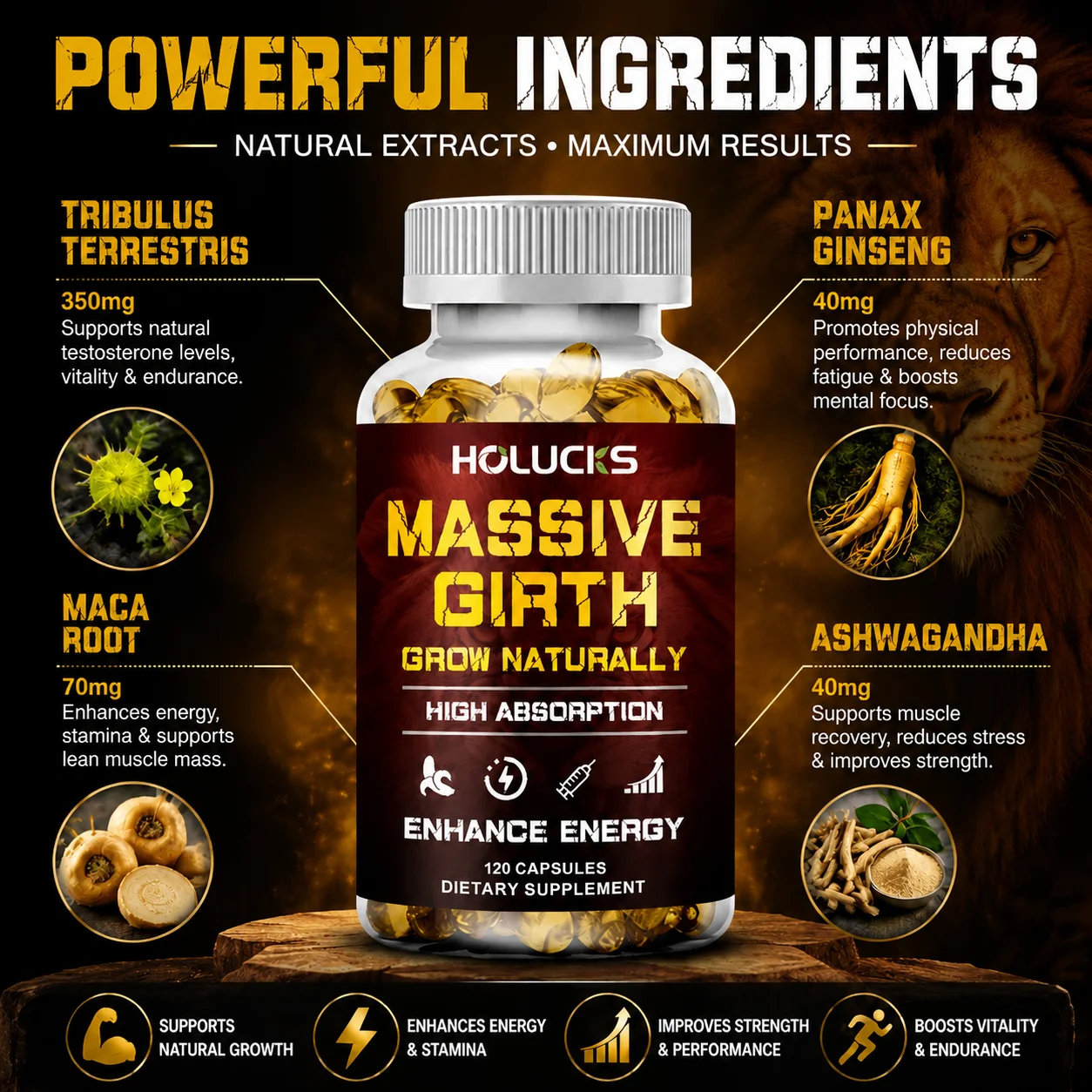 Massive Girth Men's Capsules, Enhances Performance & Energy, for Stamina, Muscle Strength Booster