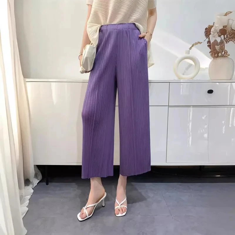 MIYAKE High-grade Pleated Pants Women Summer Drape High Waist Nine-point Straight Tube Comfortable Casual Versatile Cigarette