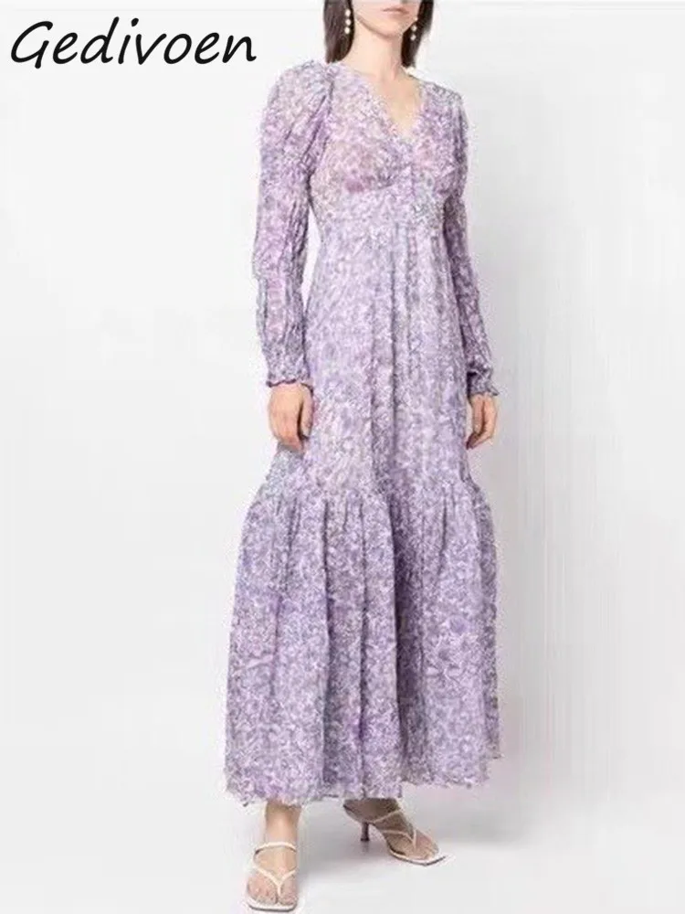 Gedivoen Summer Fashion Designer Vintage Light Purple Dress Women V Neck Long Sleeve Ruffles High Waist Floral Print Long Dress