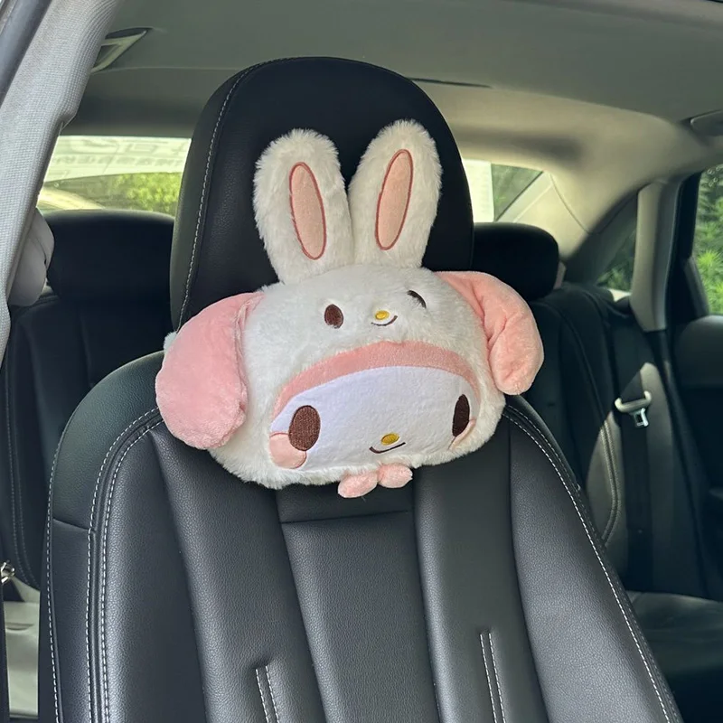 Kawaii Hello Kitty Kuromi Cute Car Headrest Anime Plush Winter Warm Car Neck Cushion Cartoon Neck Pillow Car Accessories Decor