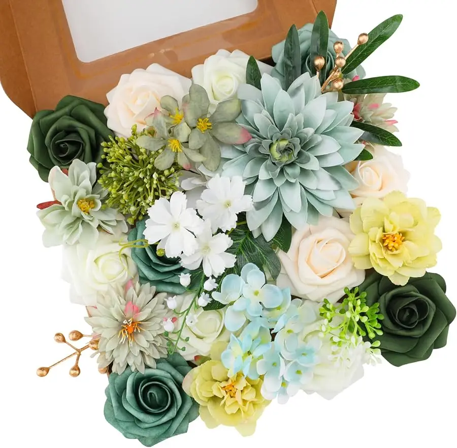 

Artificial Flowers Combo Green Flowers Mix Silk Flowers Dahlia Roses with Stems for DIY Wedding Bridal Bouquets, Baby Shower, Fl