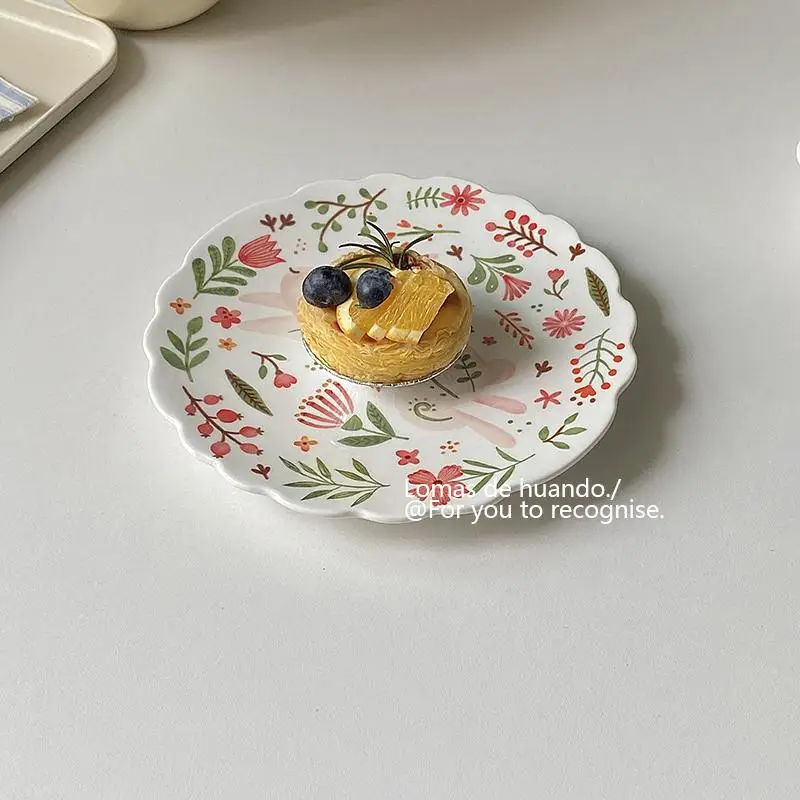 

Plates Hand Drawn Dessert Cake Fruit Disc Ceramics Underglaze Color Souvenir Home Decor Flower Edge Accessories Lovely