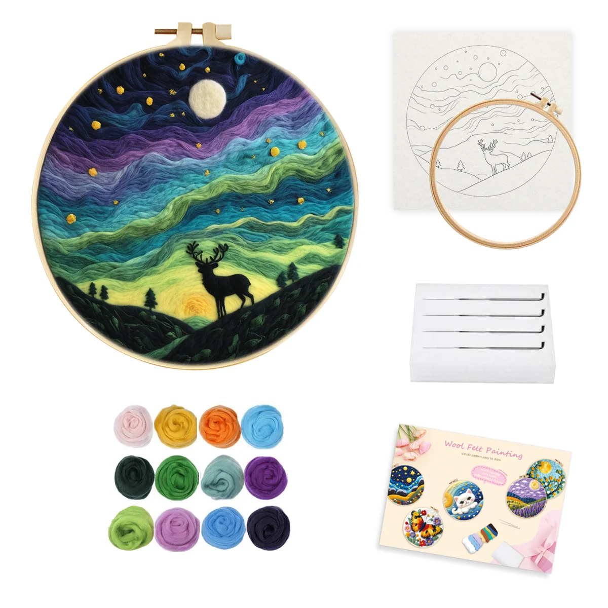 

RUOPOTY 1 Pack Needle Felt Starter Set Wool Painting Aurora Scenery Deer Includes Wool Bag Felting Needles Foam Pad Felt Cloth