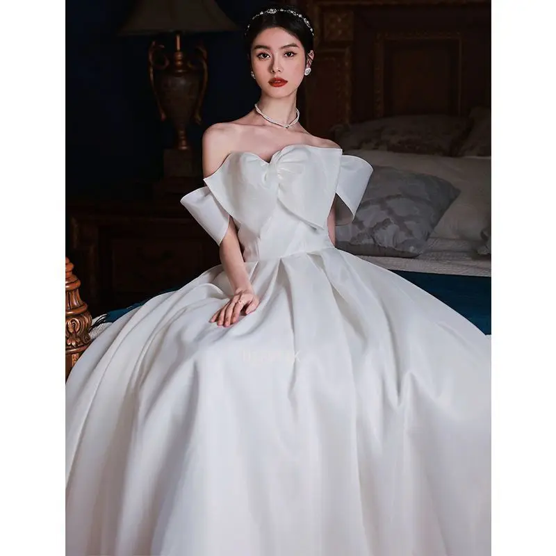 قبالة الكتف عرق فساتين زفاف طويلة النساء القوس الكبير الأميرة صور تبادل لاطلاق النار فساتين الزفاف حفلة موسيقية فستان الأداء ثوب