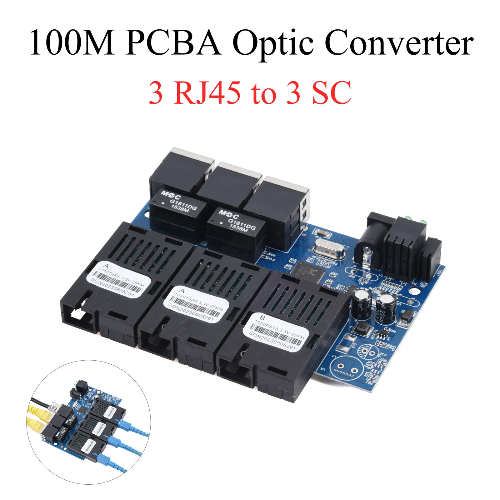 PCBA Board Fiber Optic Media Converter 10M/100M 3 RJ45 to 3 SC Optic Connector 20KM Ethernet Switch 1310nm/1550nm 2A+1B Ports