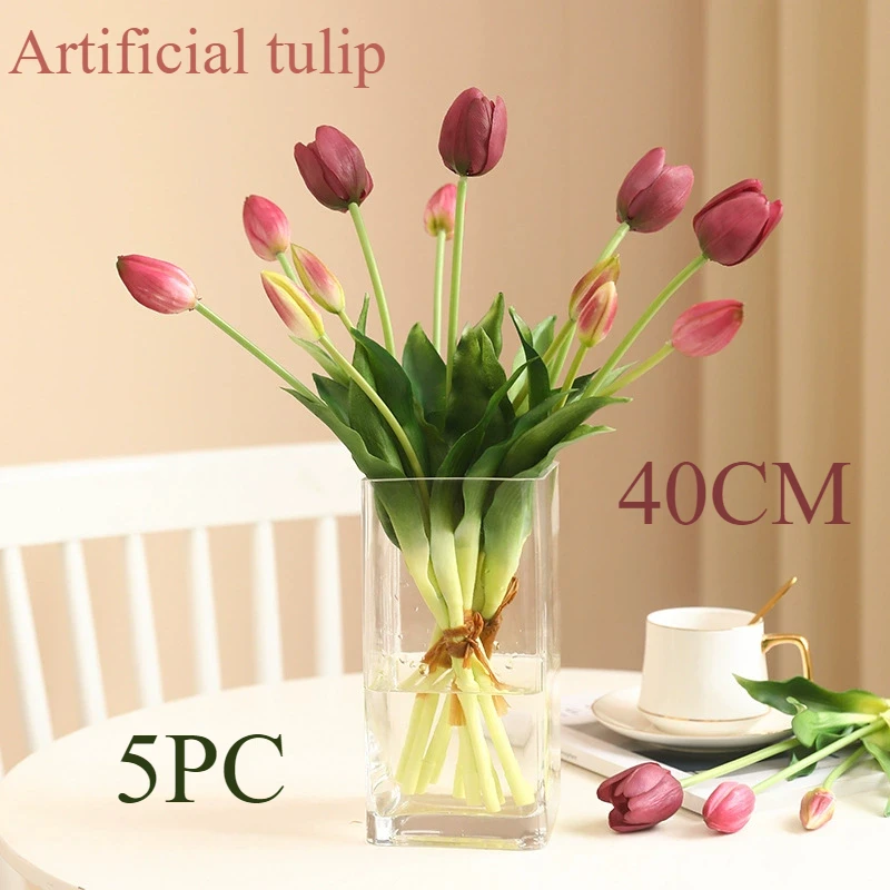 5 Pieces Artificial Tulips 40cm True Touch Fake Plants Home Garden Tabletop Wedding Decoration Simulation 5 Head Tulip Bouquet