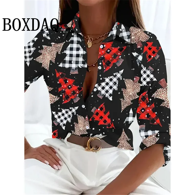 Women\'s 2024 New 3D Christmas Print Long Sleeve Blouses Elegant Lapel Long Sleeve Tops Winter Spring Single-Breasted Basic Shirt