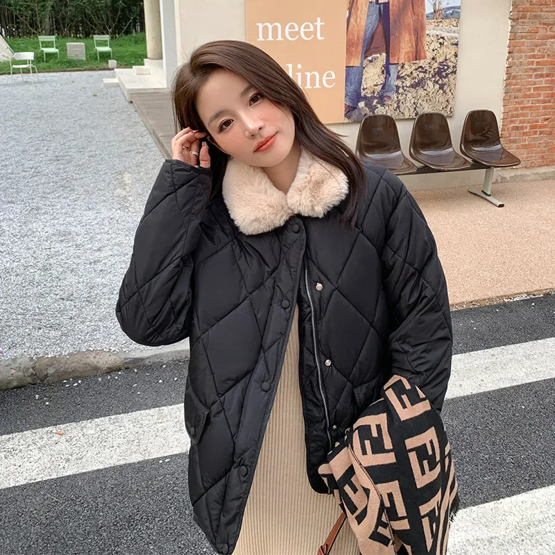 Design Sense Splicing Lamb Wool Collar Lightweight Diamond Grid Cotton Coat for Women\'s Autumn and Winter New Warm Cotton Jacket