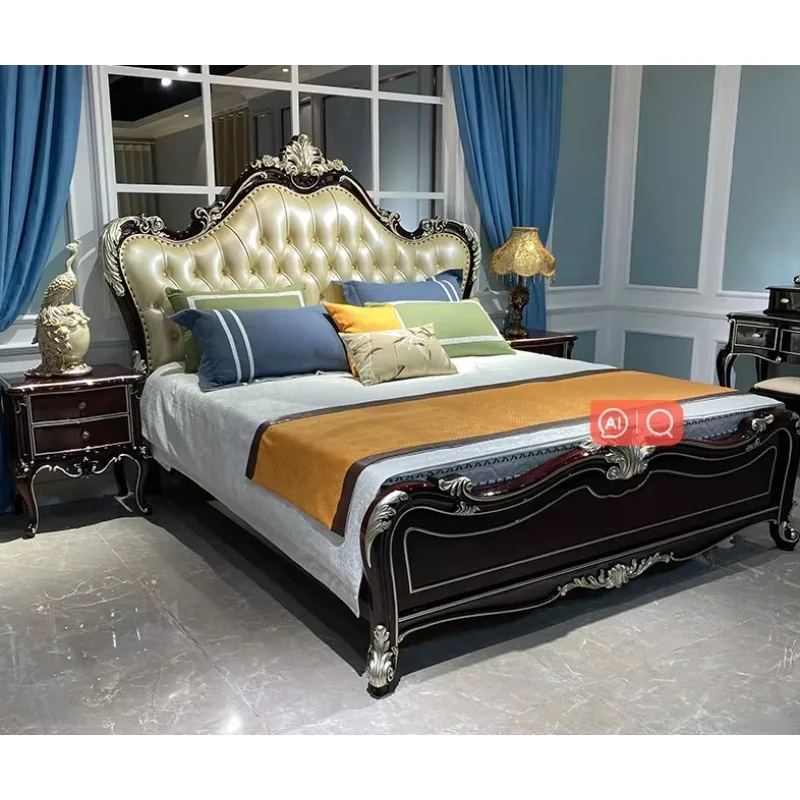 Antique European King Size Soild Wood Double Bed Bedroom Furniture Luxury Leather Queen Royal Wooden Bed Frame