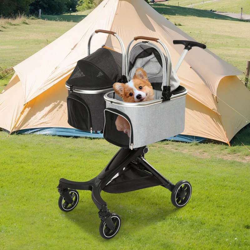 Factory wholesale Luxury Aviation Aluminum Folding Double Pet Trolley and waterproof rain cover