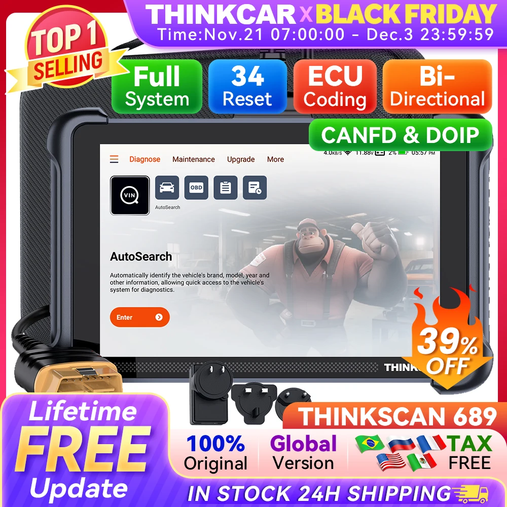 THINKCAR THINKSCAN 689 Professional Car Diagnostic Tools CANFD DOIP Bi-directional ECU Coding 34 Reset Full System Obd2 Scanner