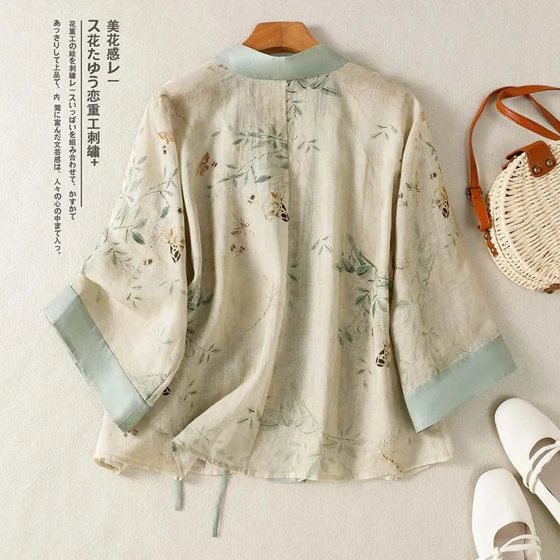 Vintage Floral Printed Short Kimono Cardigan Women Spring Summer Wrap Shirt Blouse Chinese Style Clothing Cover Ups Cotton Top