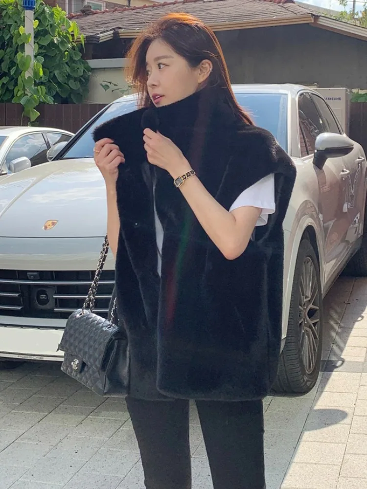 Plu colete de pele sintética outerwear feminino outono inverno solto versátil camadas svel roupas de algodão macio médio elástico