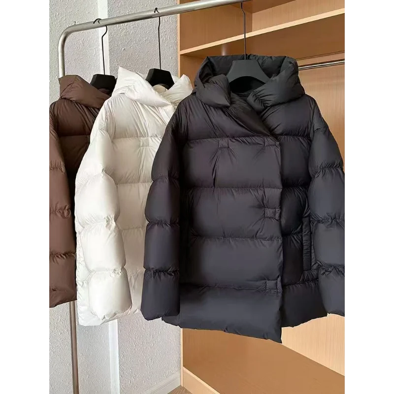 Mid-length Coats for Women, Loose Hooded Outerwear, Feather Coats, Casual and Simple, Korean Fashion, Winter, 2024