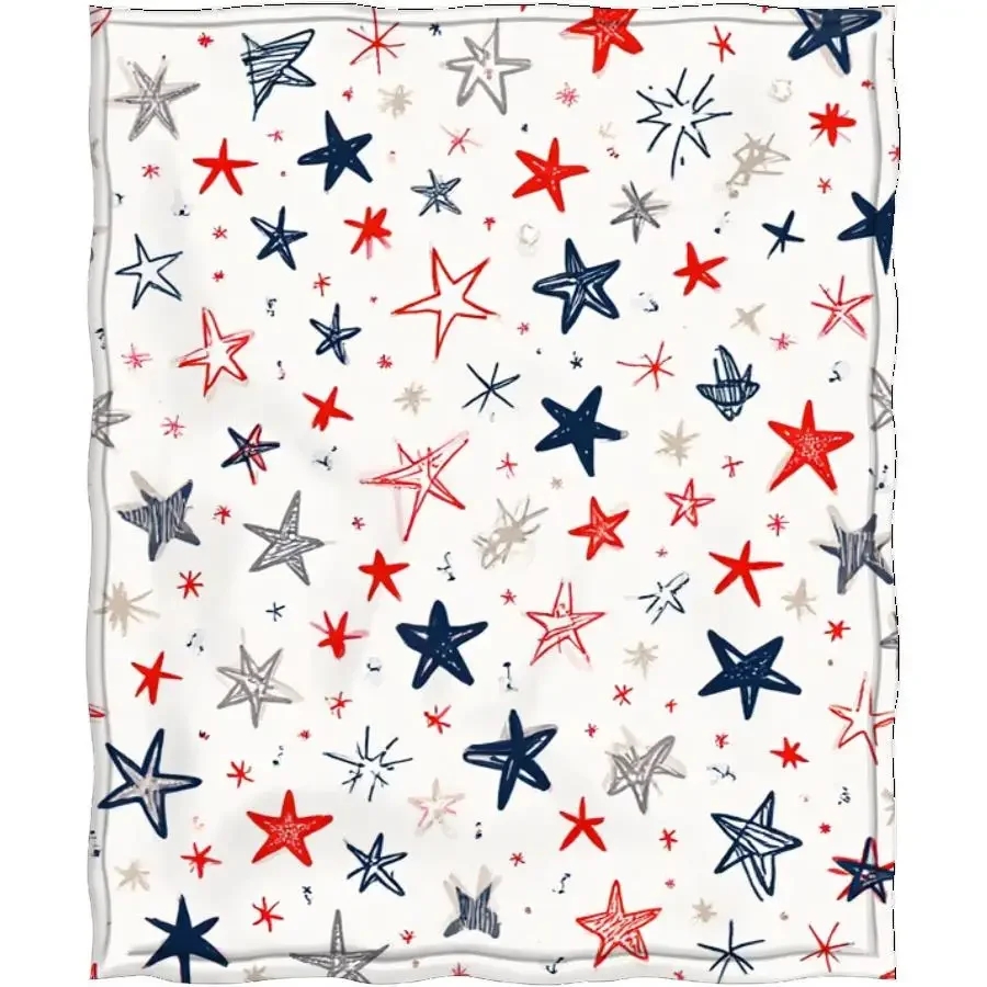 Hand-Drawn Star Flannel Blanket - Red Navy & Gray Suitable for All-Season Warm Throw, Soft Machine Washable