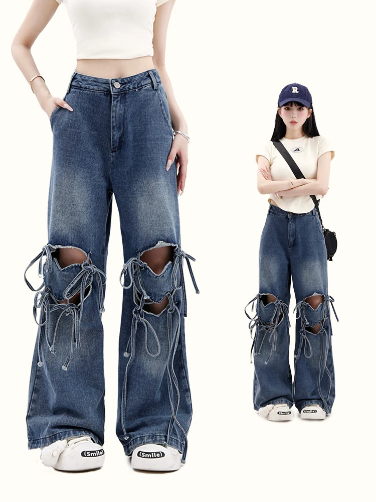 

Women Blue Gothic Oversize Y2k Jeans Vintage Cowboy Pants Harajuku Straight Punk Denim Trousers Aesthetic 2000s Trashy Clothes