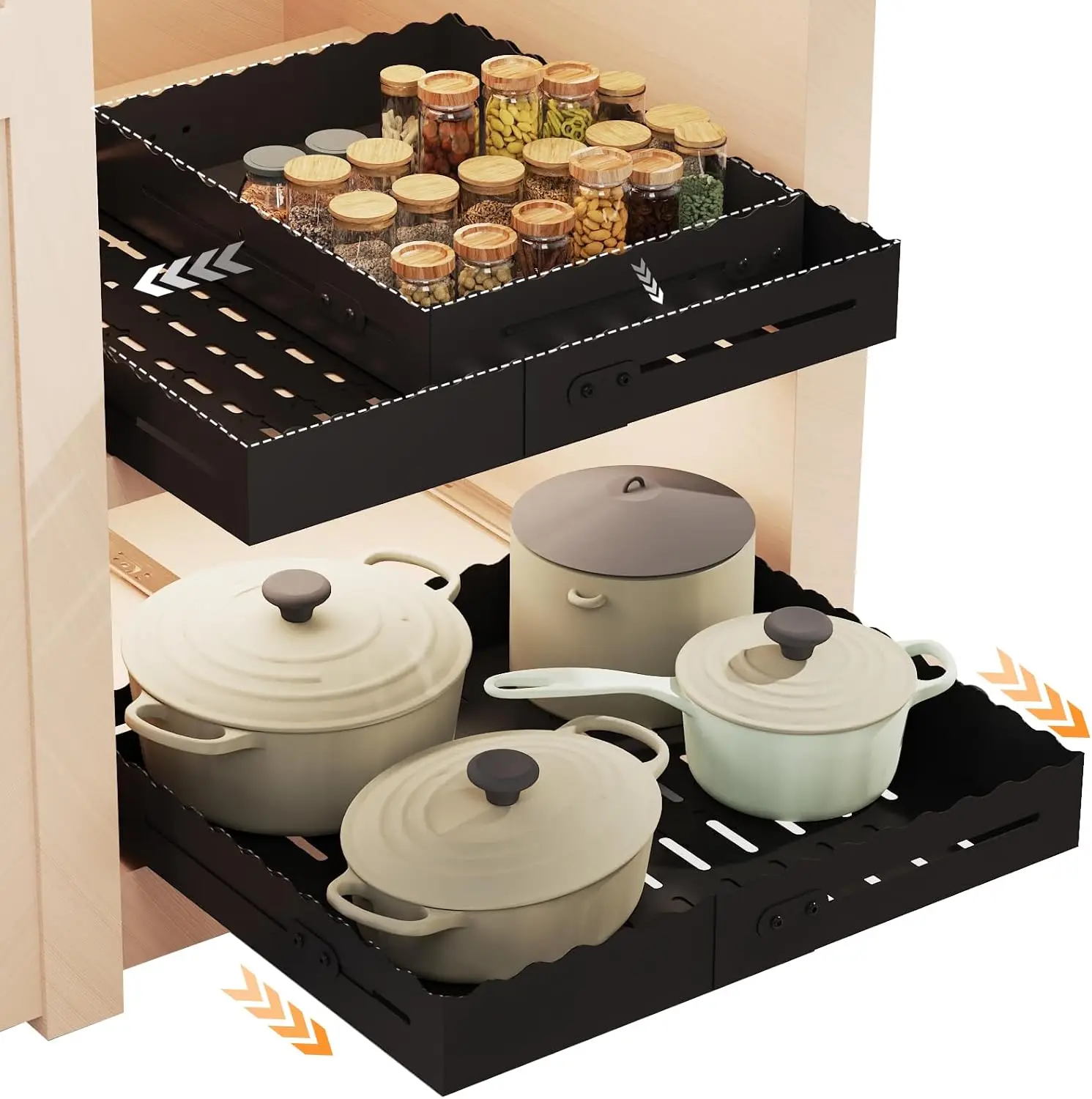 

Expandable Pull Out Cabinet Organizer - Adjustable Width 12-18" & Depth 13-23", 3-Rail Heavy Duty Slide Out Drawer, No-Drills