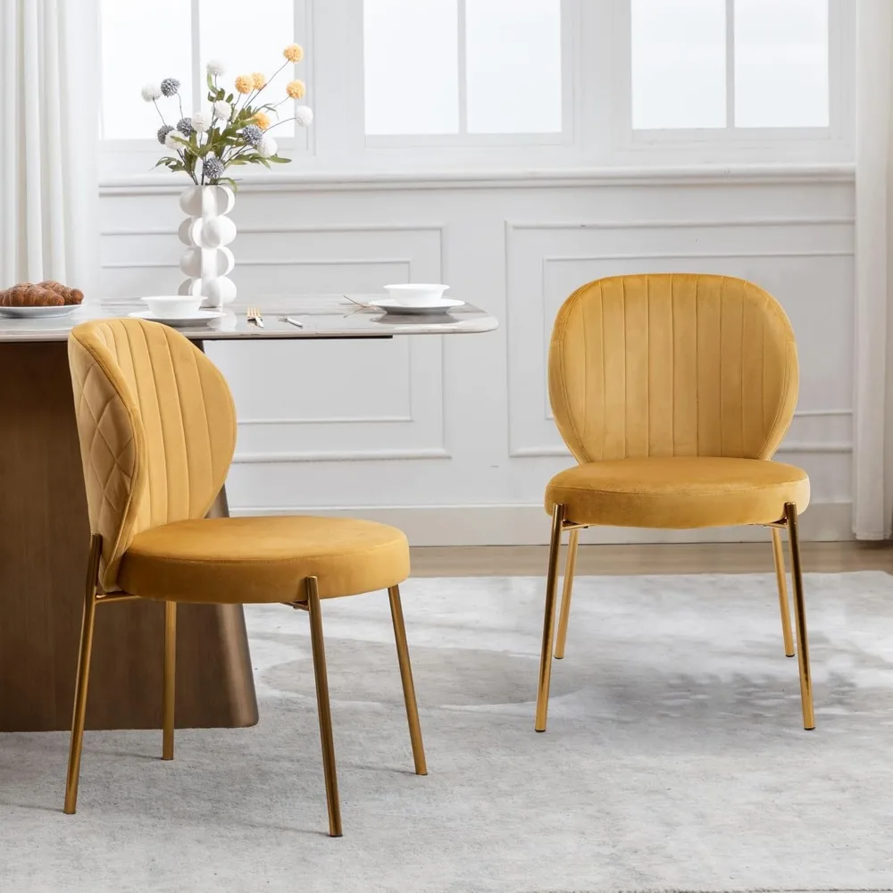 Dining Chairs Set of 4,Velvet Yellow Chairs,Modern Upholstered Vanity Chairs with Golden Metal Leg for Kitchen image 2