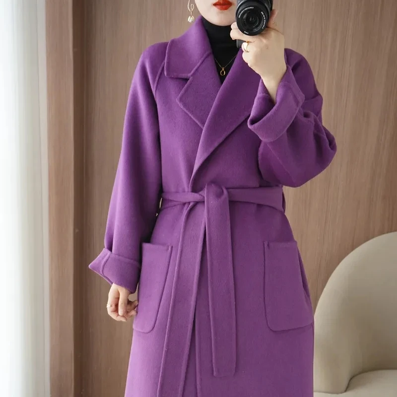 100% Wool Coat Women\'s Wear 2024 Autumn/Winter Fashion Temperament Double sided Cashmere Coats with Belt Elegant Long Overcoat