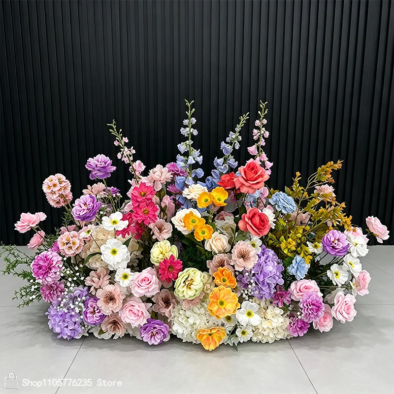 Bunter, gemischter künstlicher Blumen-Hochzeitshintergrund, Rosen-Hortensien-Blumenarrangement, Bühnen-Bodenläufer, Blumen-Partydekoration – Detail 4