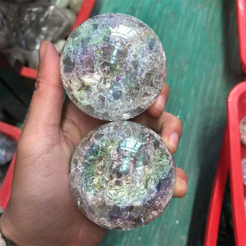 Aura Quartz Crystal Rainbow Crackle Break Out Ball Healing Reiki Gemstones Sphere Feng Shui Home Decoration