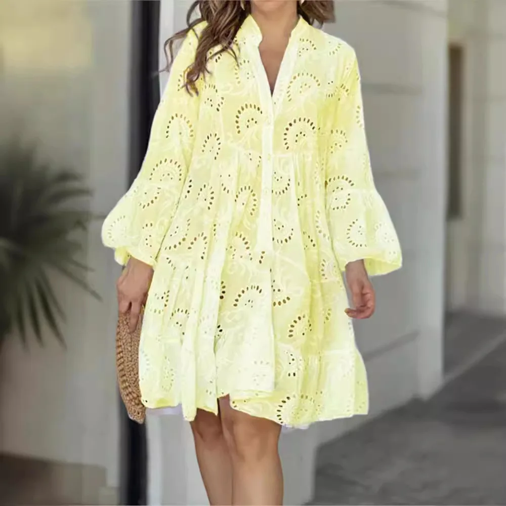 Spring Summer New Women\'s Dress Solid Color V-neck Embroidered Hollow Lace Flower Sexy Dress Loose Casual Broken Copper Dress