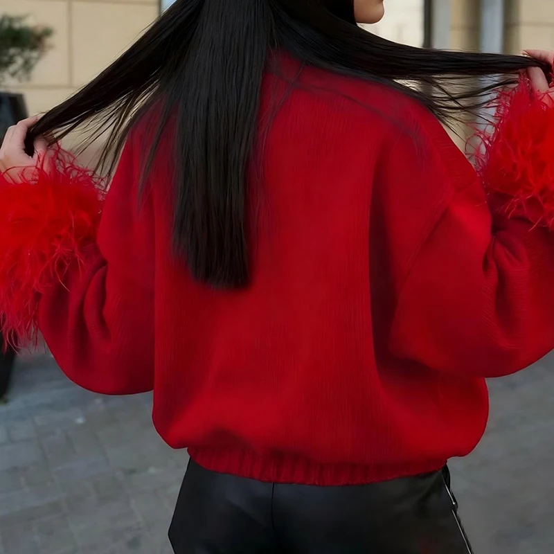 

Elegant Furry Splicing Long Sleeve Cardigan Fashion Round Neck Solid Color Short Coats Women Casual Single breasted Sweater Top