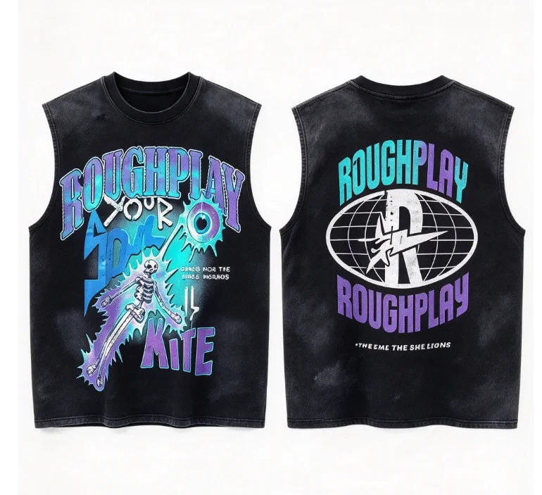 2026 new Washed tank top, double-sided print of sun eyeball skeleton and globe logo, American punk retro loose fit.