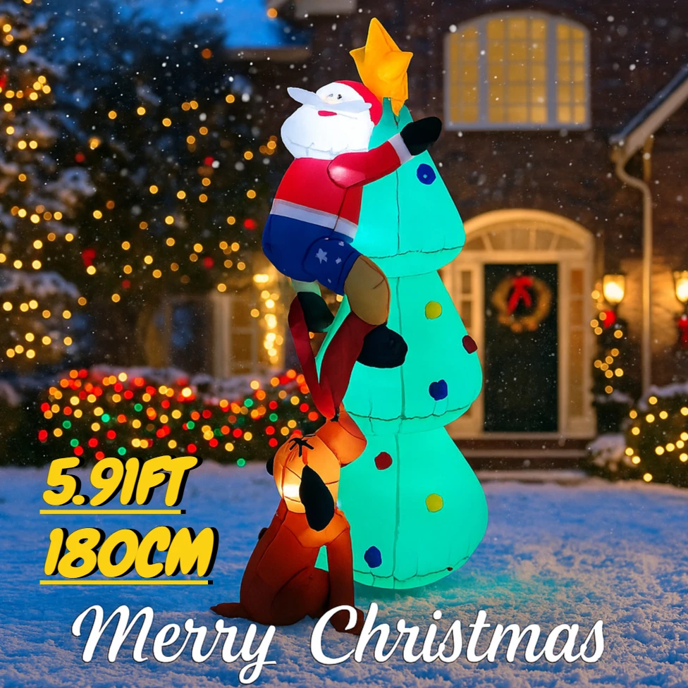 

5.91FT Inflatable Toy Christmas Tree Decor Santa Claus Dog Xmas Yard Ornament Supplies With LED Lit Home Decoration Festive Gift