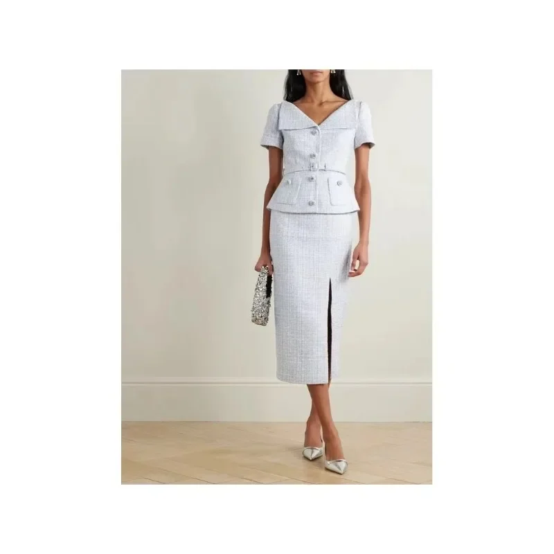 

Women Midi Dress for Holiday 2025 Summer New Collection Blue Short Sleeves Pleat Sweet-heart