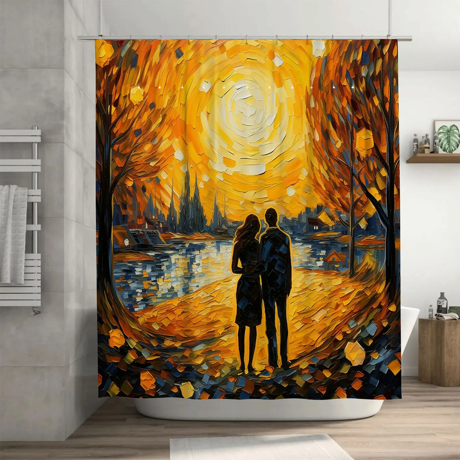 

Romantic Couple Watching Sunset Waterproof Shower Curtain, Artistic Design for Bathroom Decoration, Add Warmth and Elegance