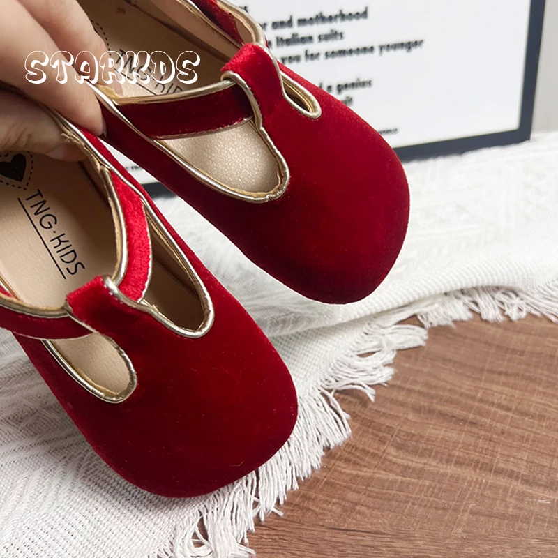 Luxury Deep Red Velvet T-Bar Ballet Flats For Kids Girls Retro Velour Mary Jane Shoes Baby Child Vintage Soft Sole Dress Zapatos