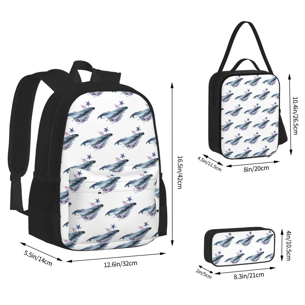 Orca Whale And Dolphin Marine Life Backpacks Students Bookbag School Bags Rucksack Lunch Bag Pen Bag Three-Piece Set